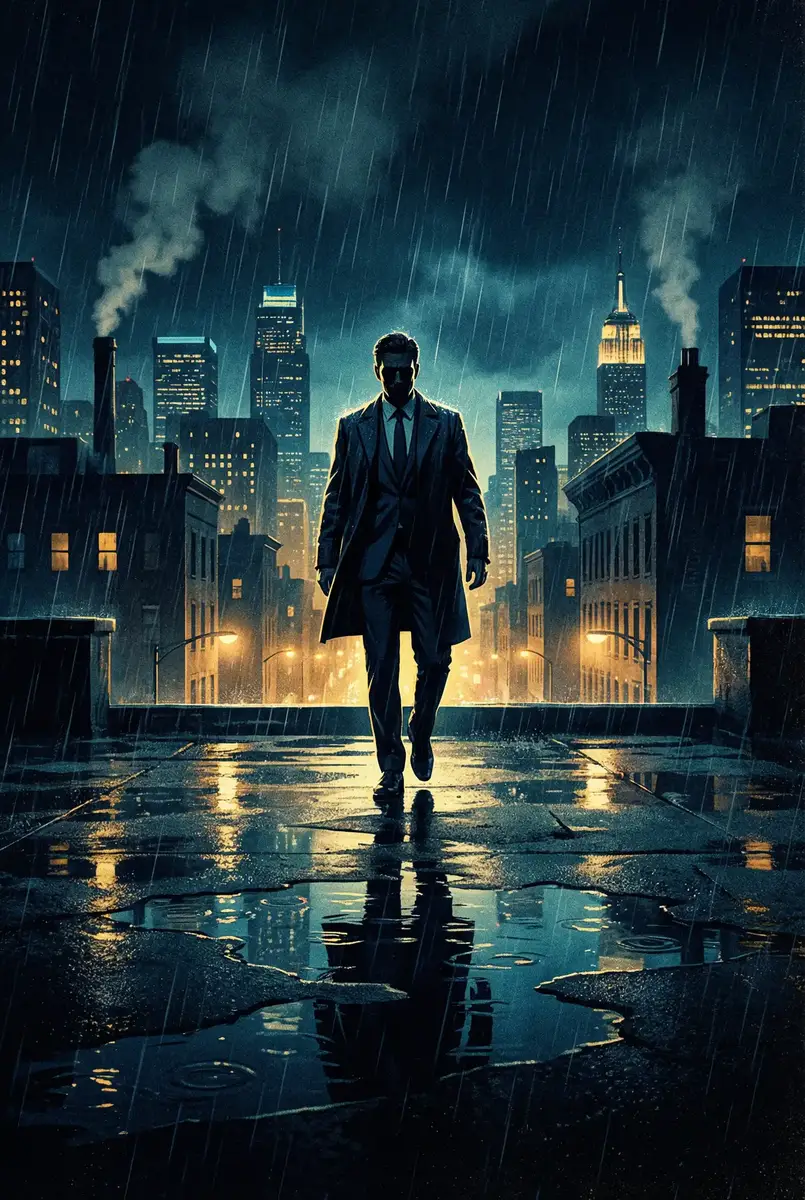 王令的星座 出品影片《雨夜独行者》海报，雨中城市屋顶男性剪影